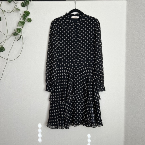 TORY BURCH Seymour Silk Georgette Mini Dress Size 6 Geometric Fish Print Tiered - Picture 3 of 11